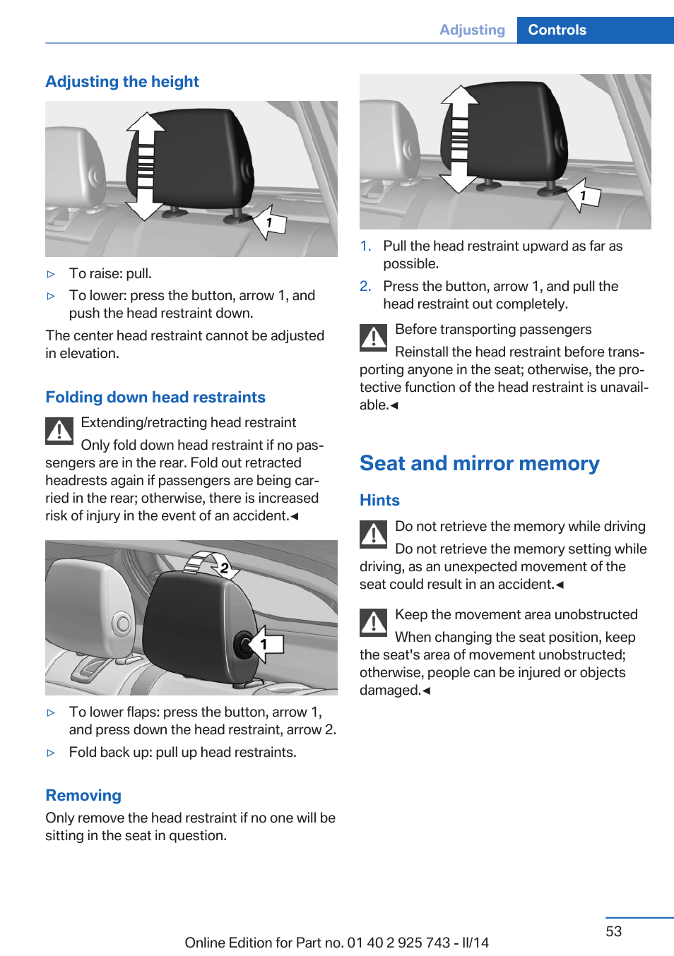 Seat and mirror memory | BMW 335i xDrive Sedan 2014 User Manual | Page 53 / 242