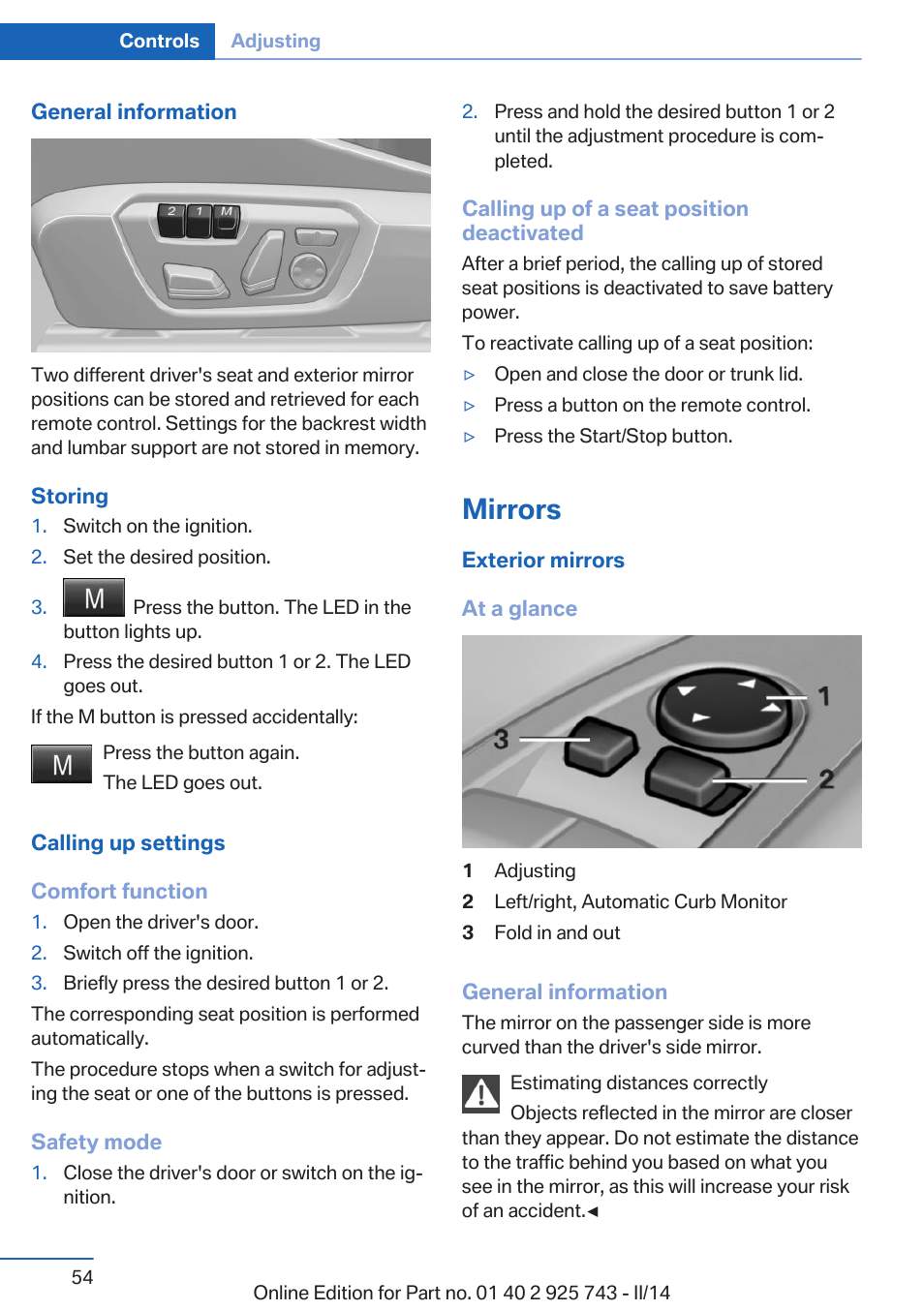 Mirrors, Exterior mirror operation | BMW 335i xDrive Sedan 2014 User Manual | Page 54 / 242