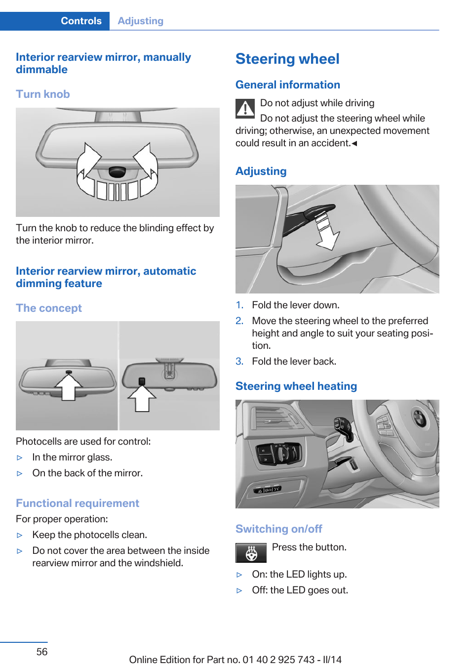 Steering wheel, Steering wheel heating | BMW 335i xDrive Sedan 2014 User Manual | Page 56 / 242