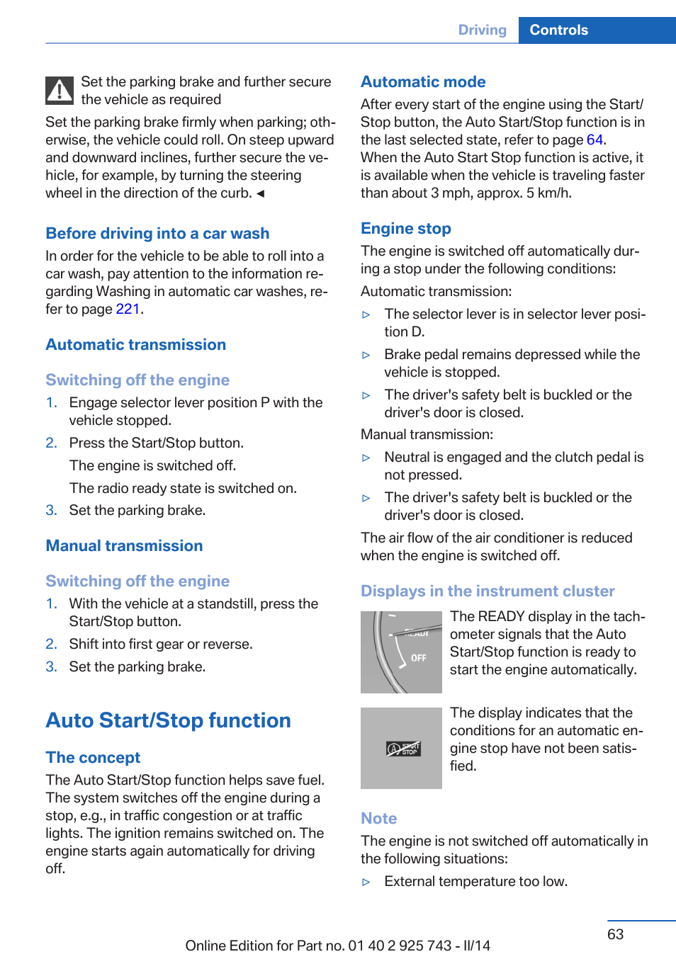 Auto start/stop function | BMW 335i xDrive Sedan 2014 User Manual | Page 63 / 242