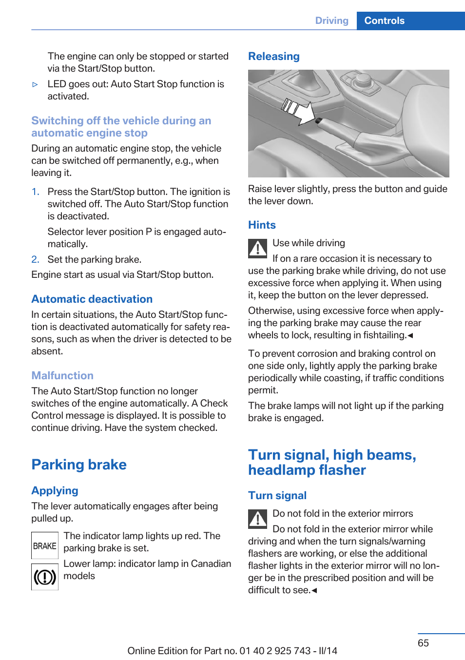 Parking brake, Turn signal, high beams, headlamp flasher, Lamp flasher | BMW 335i xDrive Sedan 2014 User Manual | Page 65 / 242