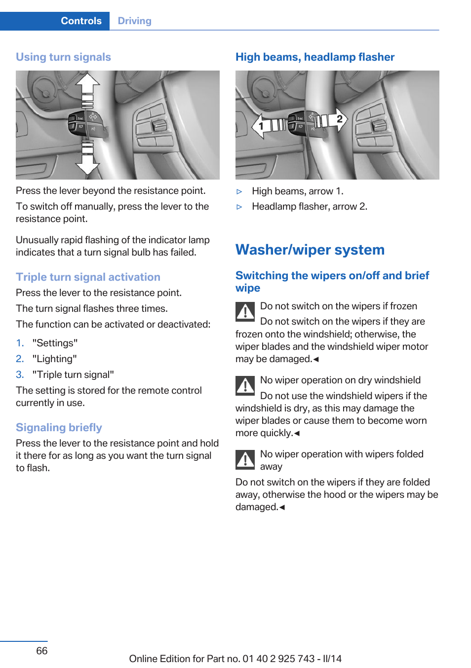 Washer/wiper system | BMW 335i xDrive Sedan 2014 User Manual | Page 66 / 242