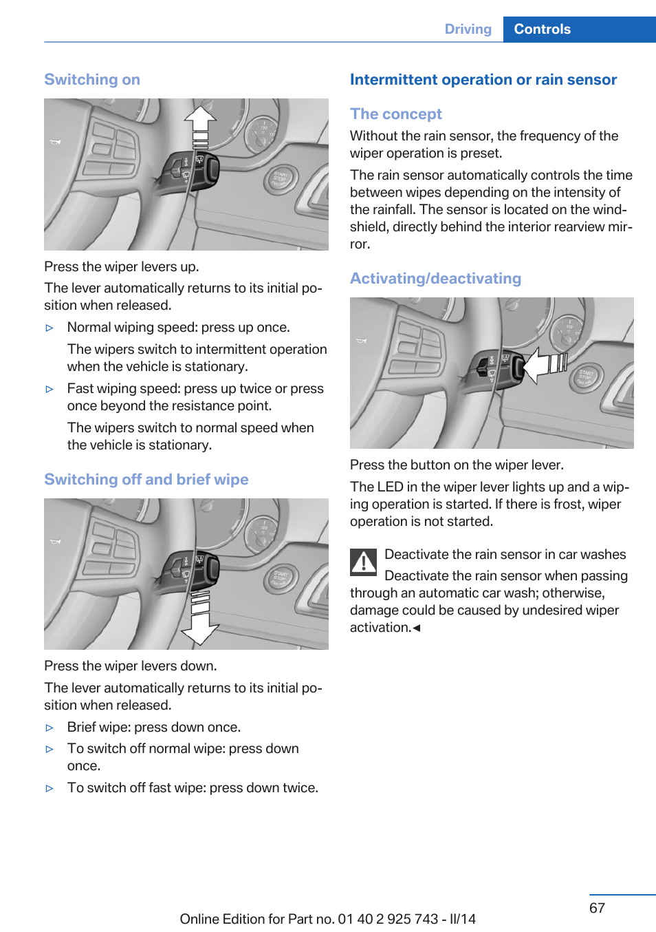 BMW 335i xDrive Sedan 2014 User Manual | Page 67 / 242