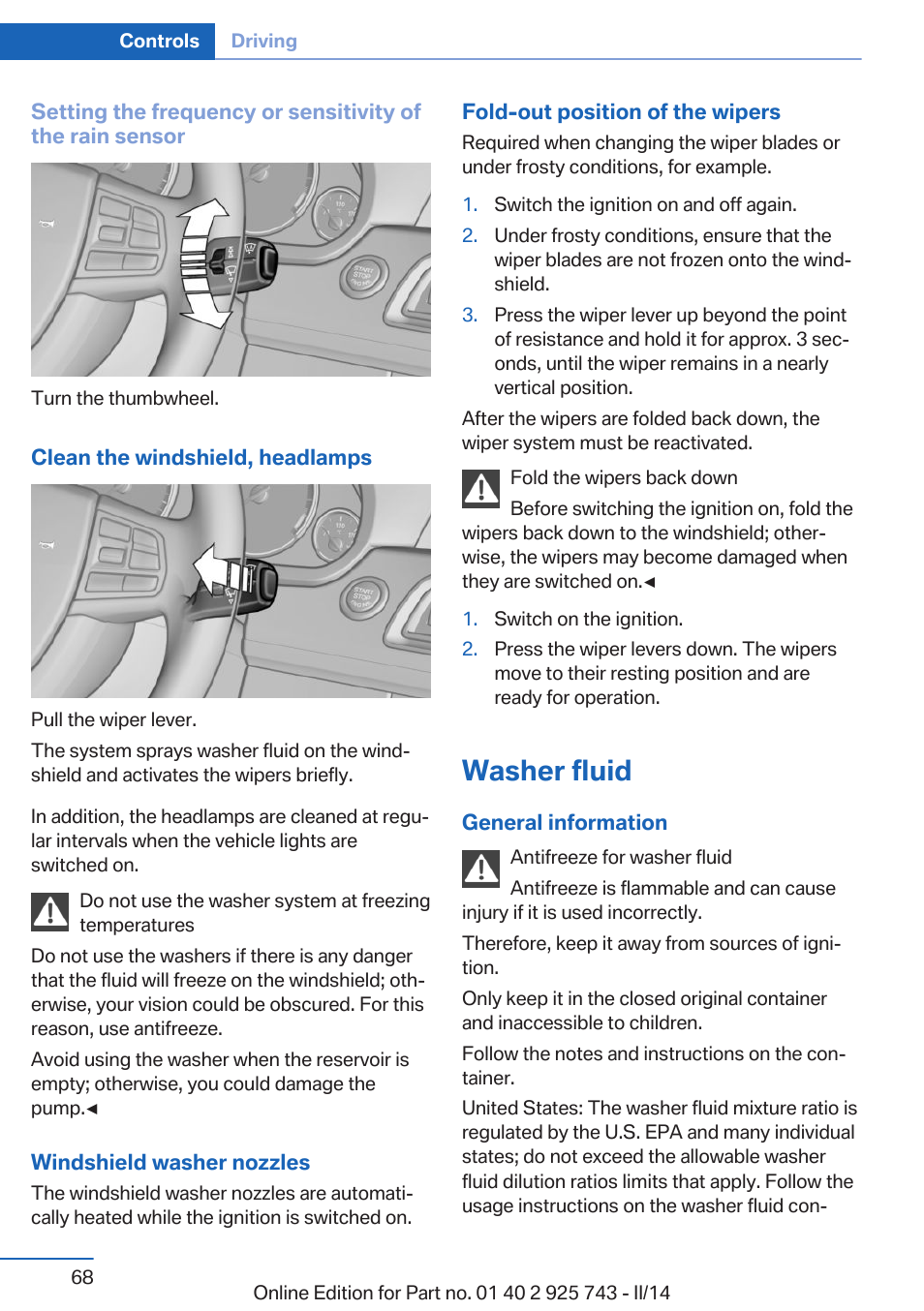 Washer fluid, Lamps | BMW 335i xDrive Sedan 2014 User Manual | Page 68 / 242