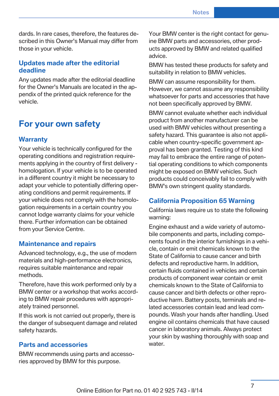 For your own safety | BMW 335i xDrive Sedan 2014 User Manual | Page 7 / 242