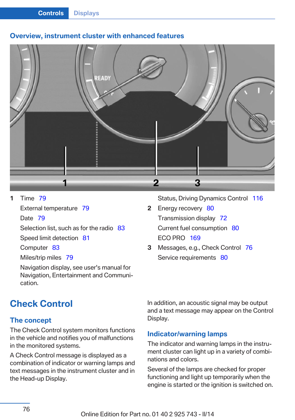 Check control, Indicator/warning lamps | BMW 335i xDrive Sedan 2014 User Manual | Page 76 / 242