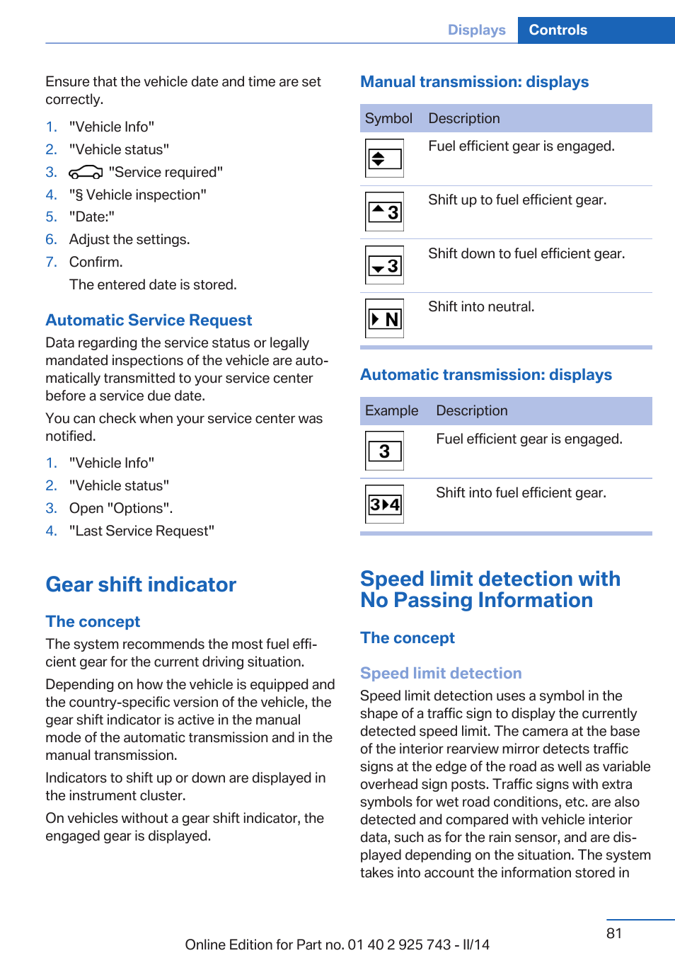 Gear shift indicator, Speed limit detection with no passing information | BMW 335i xDrive Sedan 2014 User Manual | Page 81 / 242