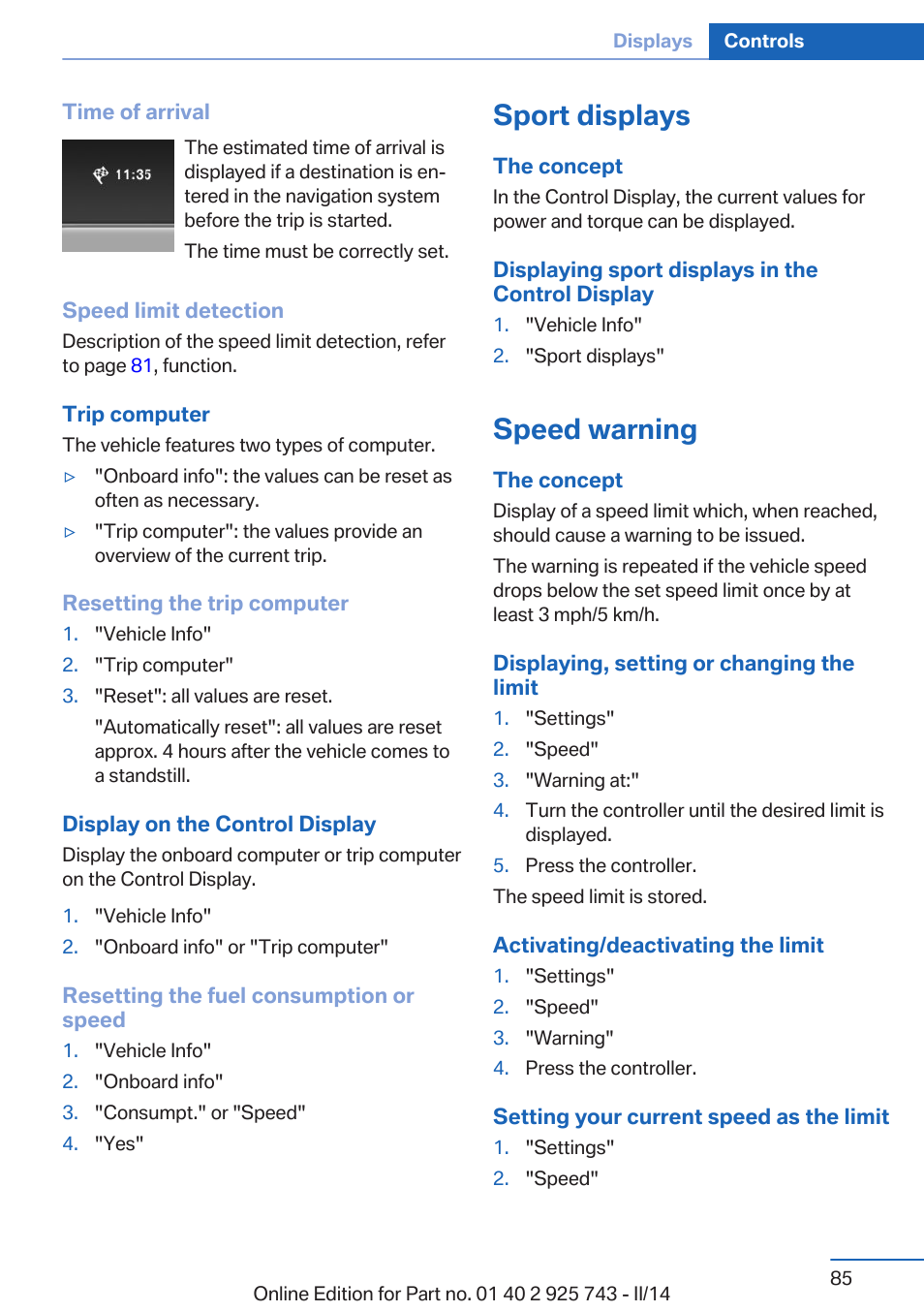 Sport displays, Speed warning | BMW 335i xDrive Sedan 2014 User Manual | Page 85 / 242