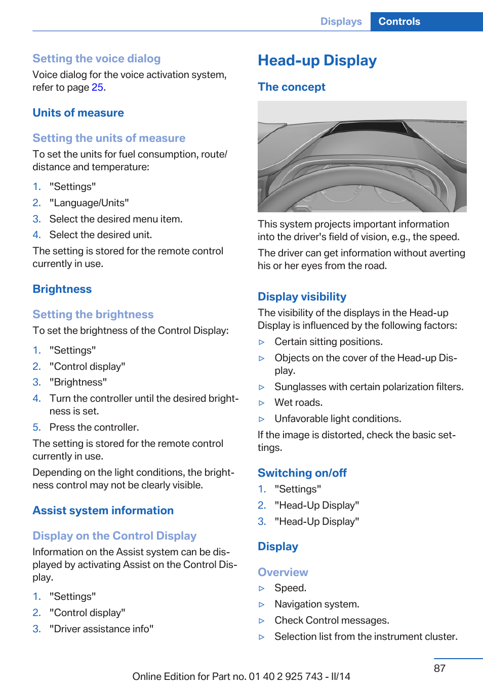 Head-up display | BMW 335i xDrive Sedan 2014 User Manual | Page 87 / 242