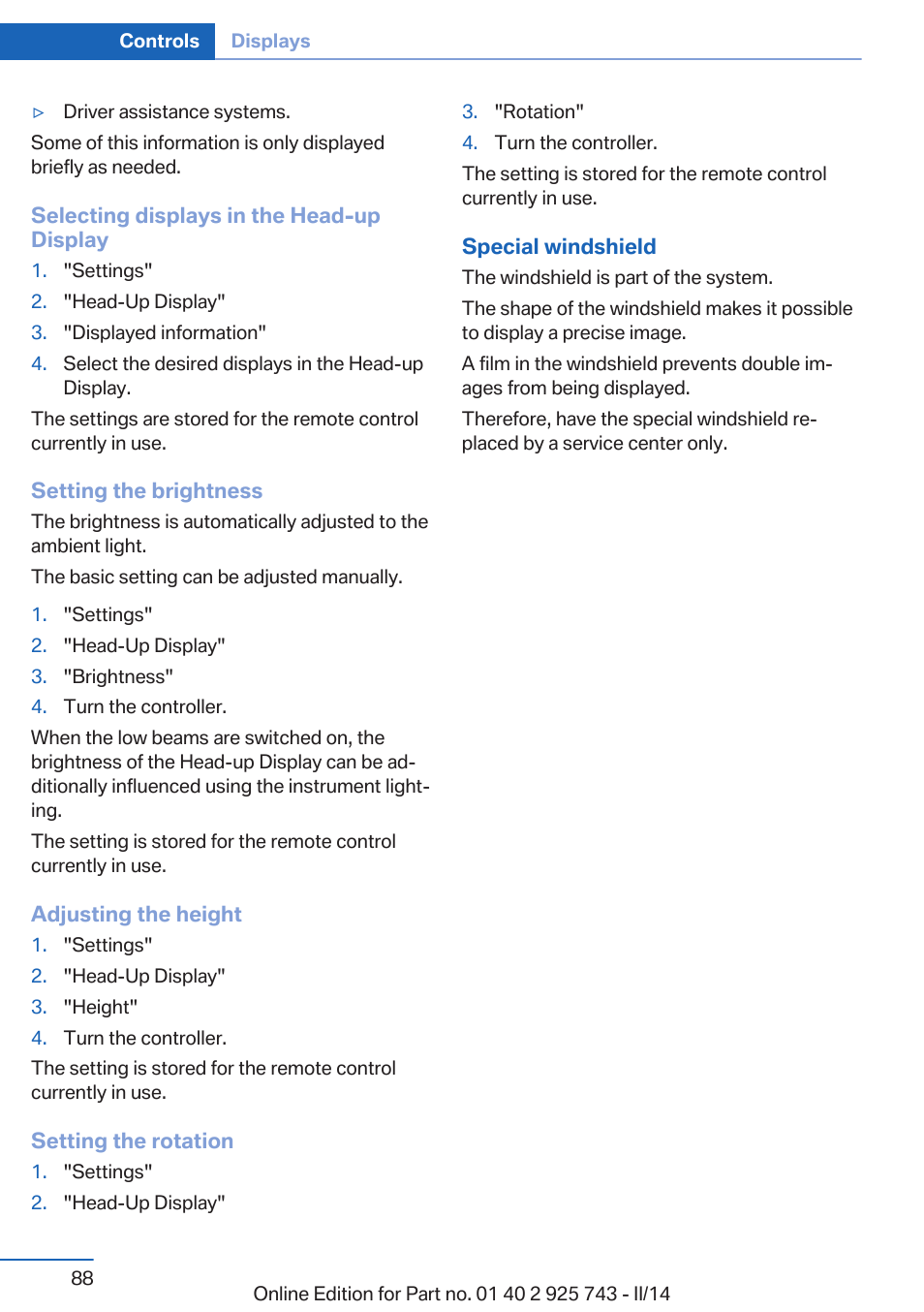 BMW 335i xDrive Sedan 2014 User Manual | Page 88 / 242