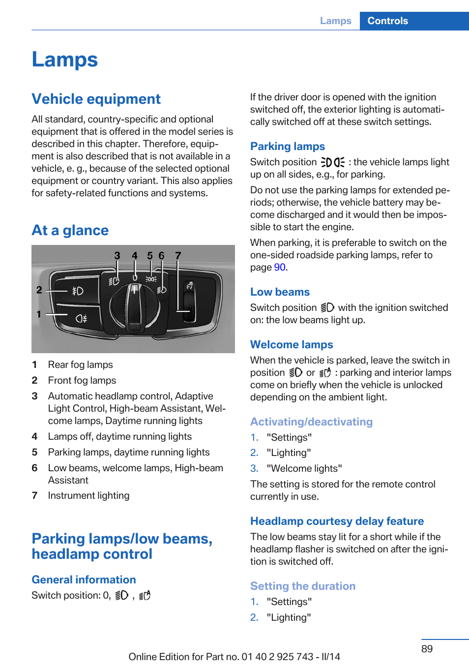 Lamps, Vehicle equipment, At a glance | Parking lamps/low beams, headlamp control, Low beams | BMW 335i xDrive Sedan 2014 User Manual | Page 89 / 242