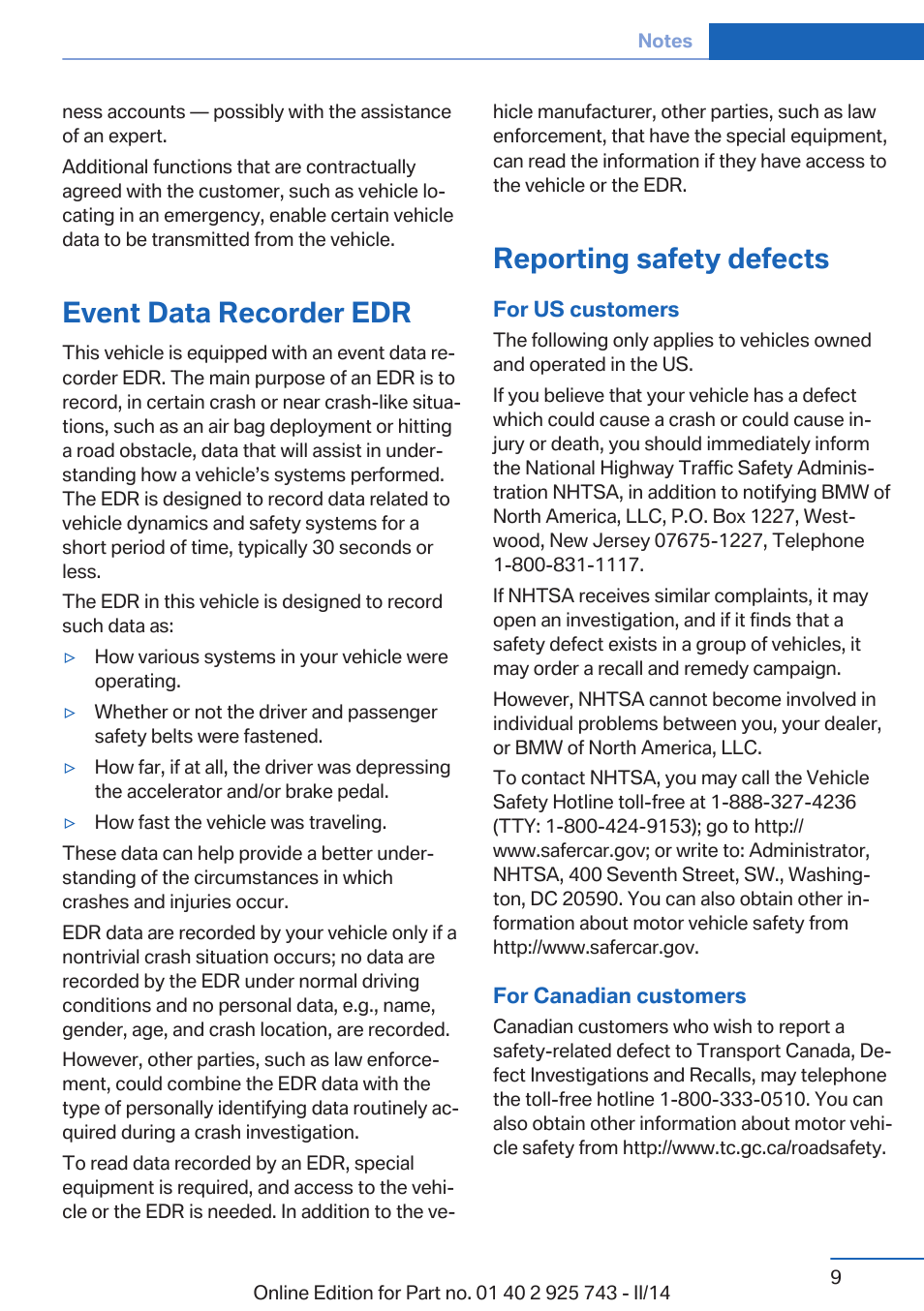 Event data recorder edr, Reporting safety defects | BMW 335i xDrive Sedan 2014 User Manual | Page 9 / 242