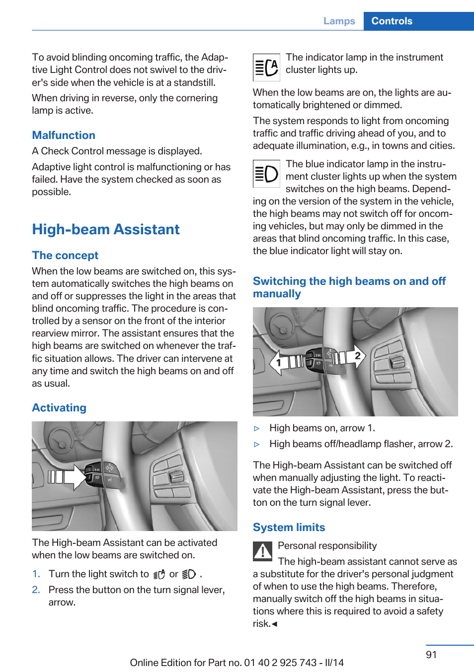 High-beam assistant | BMW 335i xDrive Sedan 2014 User Manual | Page 91 / 242