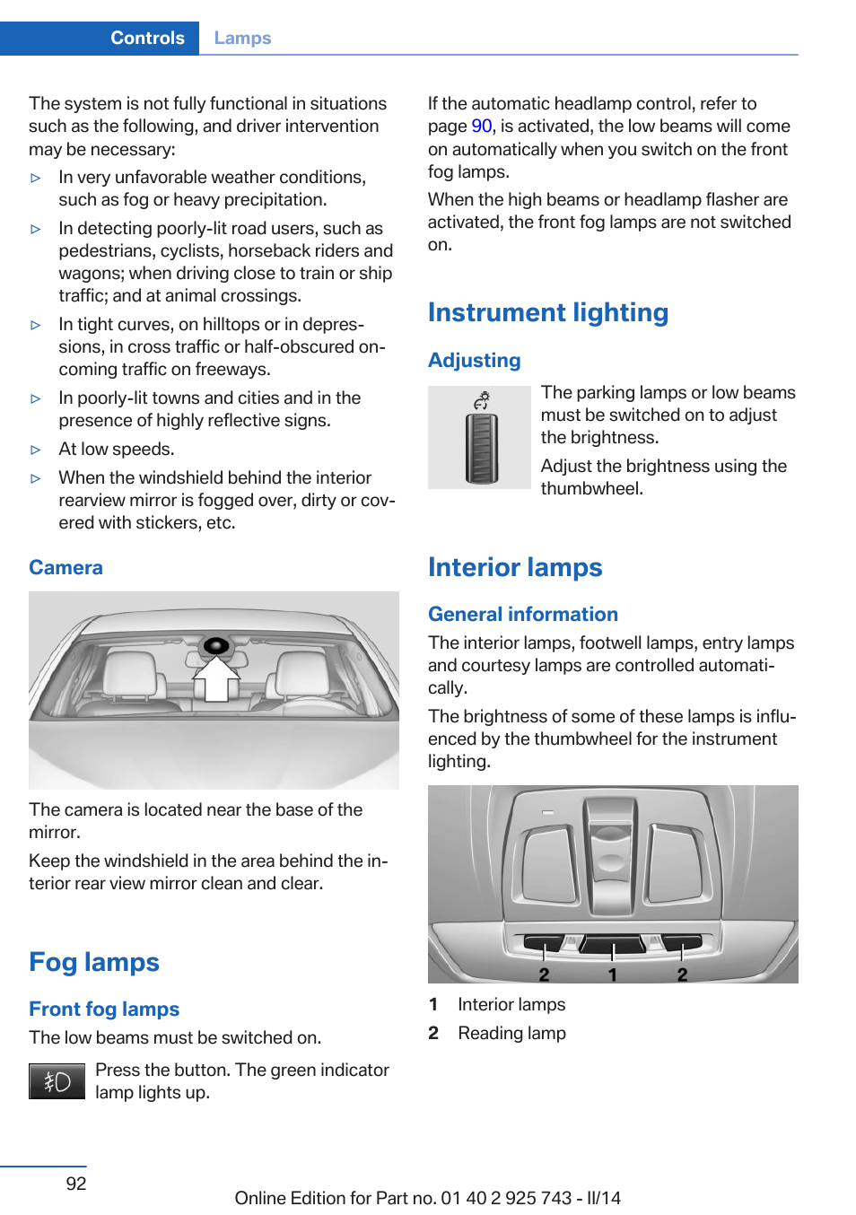 Fog lamps, Instrument lighting, Interior lamps | BMW 335i xDrive Sedan 2014 User Manual | Page 92 / 242