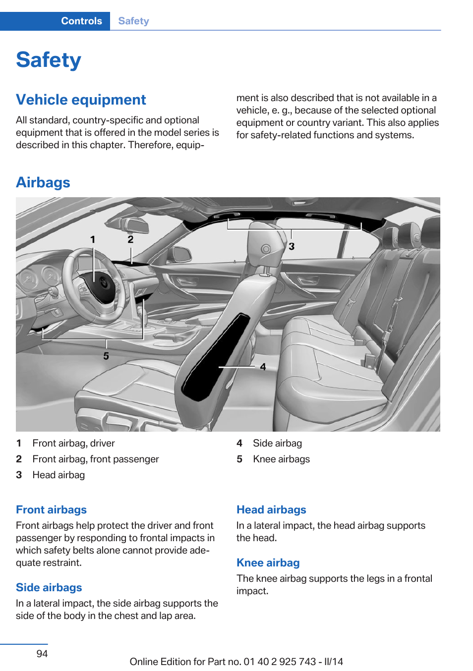 Safety, Vehicle equipment, Airbags | BMW 335i xDrive Sedan 2014 User Manual | Page 94 / 242