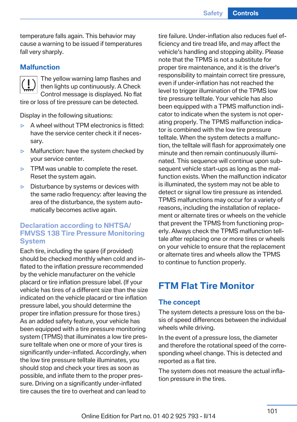 Ftm flat tire monitor | BMW 328d xDrive Sports Wagon 2014 User Manual | Page 101 / 244