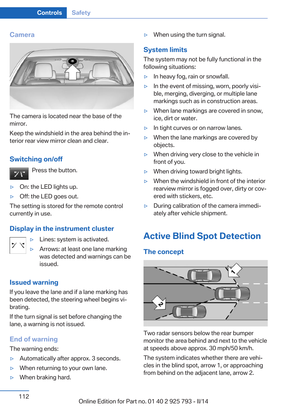 Active blind spot detection, Tion | BMW 328d xDrive Sports Wagon 2014 User Manual | Page 112 / 244