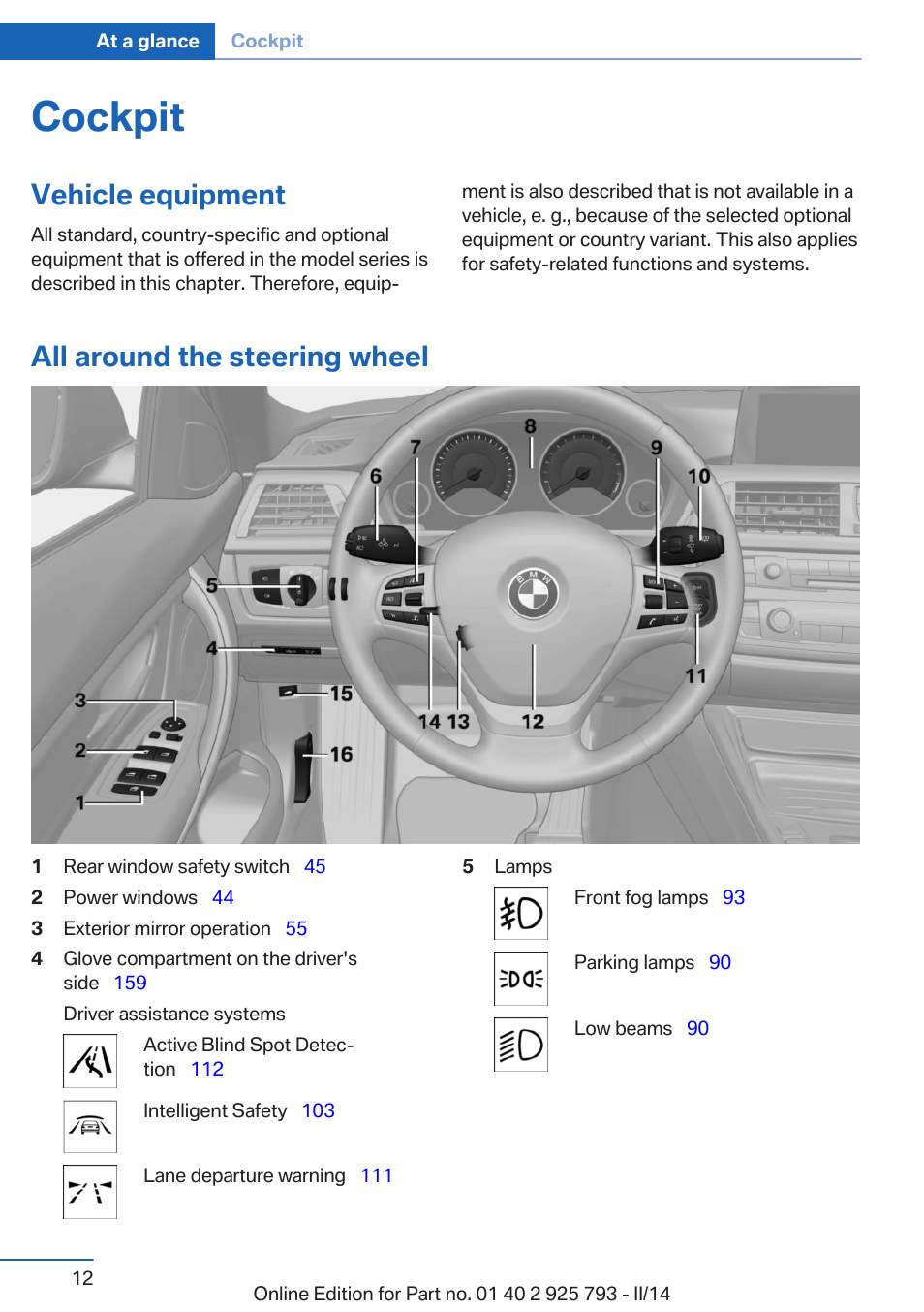 Cockpit, Vehicle equipment, All around the steering wheel | BMW 328d xDrive Sports Wagon 2014 User Manual | Page 12 / 244