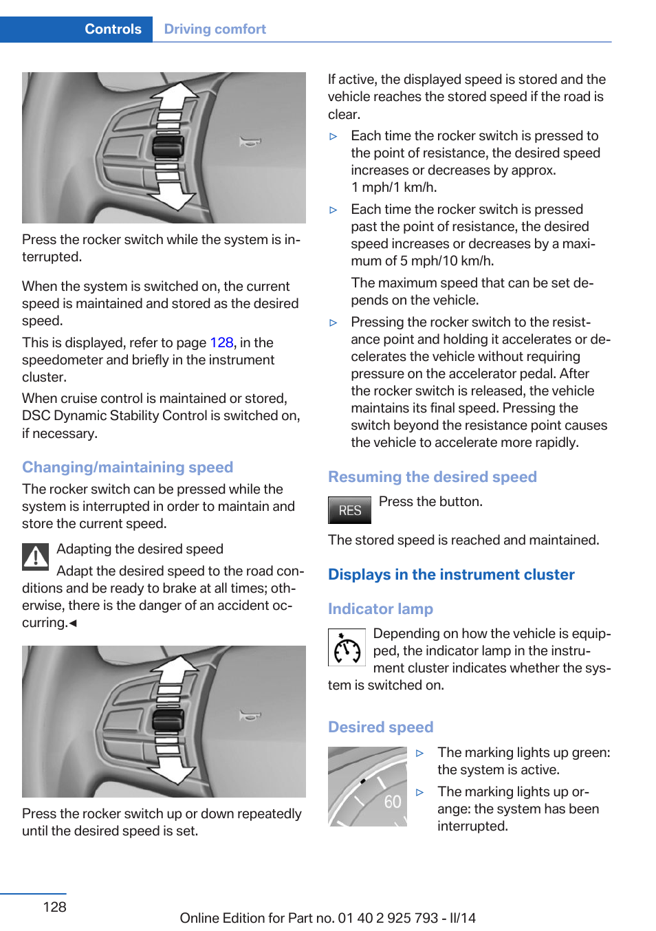 Resume speed | BMW 328d xDrive Sports Wagon 2014 User Manual | Page 128 / 244