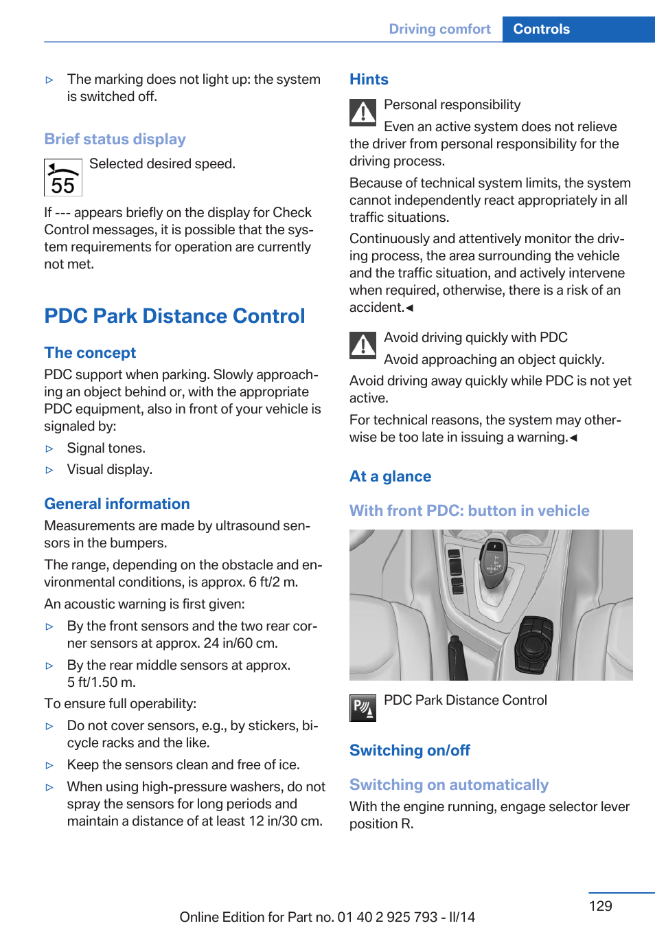 Pdc park distance control | BMW 328d xDrive Sports Wagon 2014 User Manual | Page 129 / 244