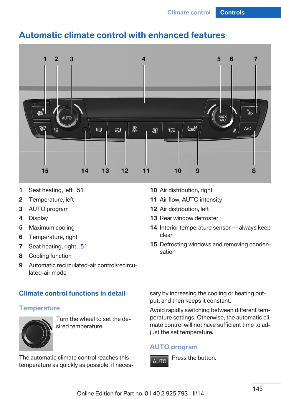 Automatic climate control with enhanced features | BMW 328d xDrive Sports Wagon 2014 User Manual | Page 145 / 244