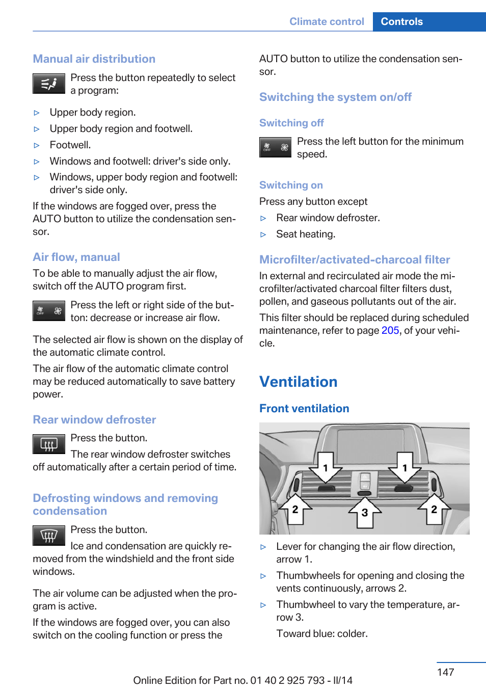 Ventilation | BMW 328d xDrive Sports Wagon 2014 User Manual | Page 147 / 244