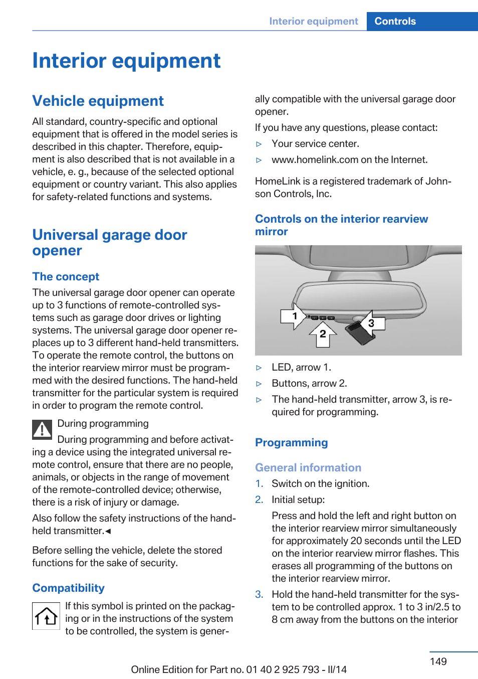 Interior equipment, Vehicle equipment, Universal garage door opener | BMW 328d xDrive Sports Wagon 2014 User Manual | Page 149 / 244