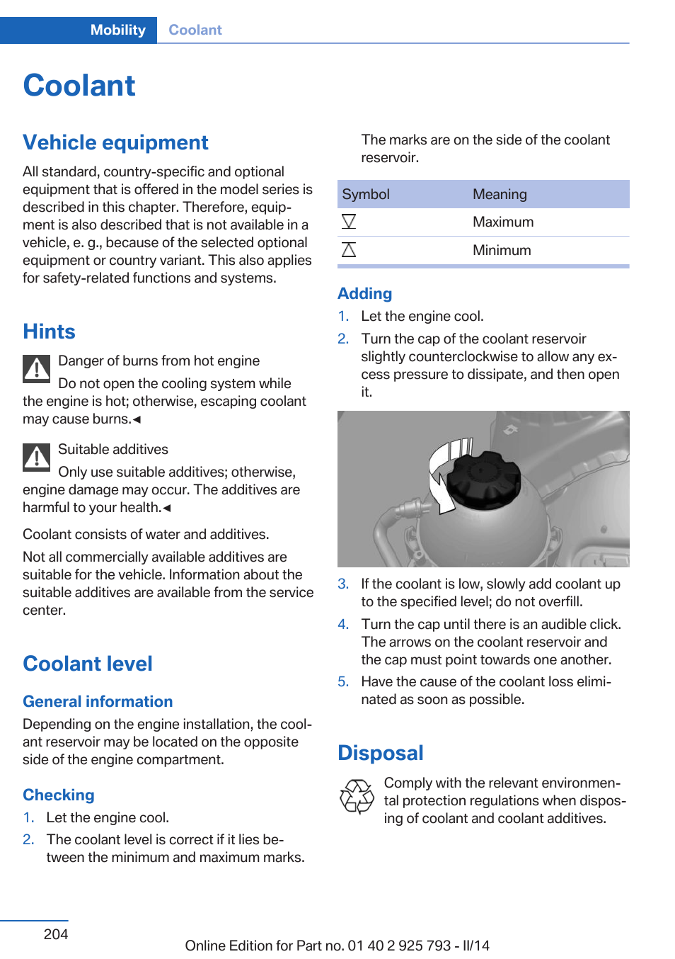 Coolant, Vehicle equipment, Hints | Coolant level, Disposal | BMW 328d xDrive Sports Wagon 2014 User Manual | Page 204 / 244