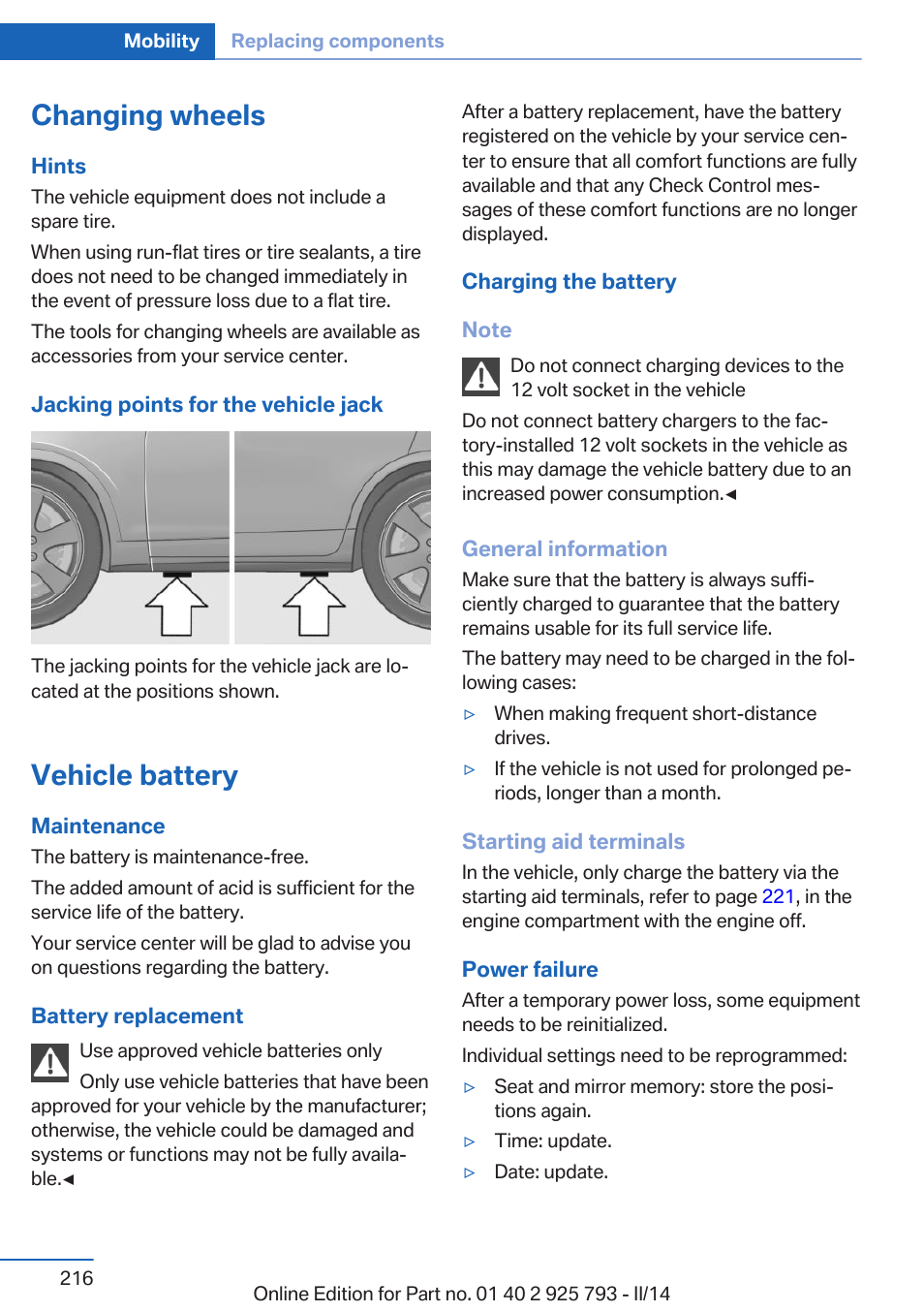 Changing wheels, Vehicle battery | BMW 328d xDrive Sports Wagon 2014 User Manual | Page 216 / 244