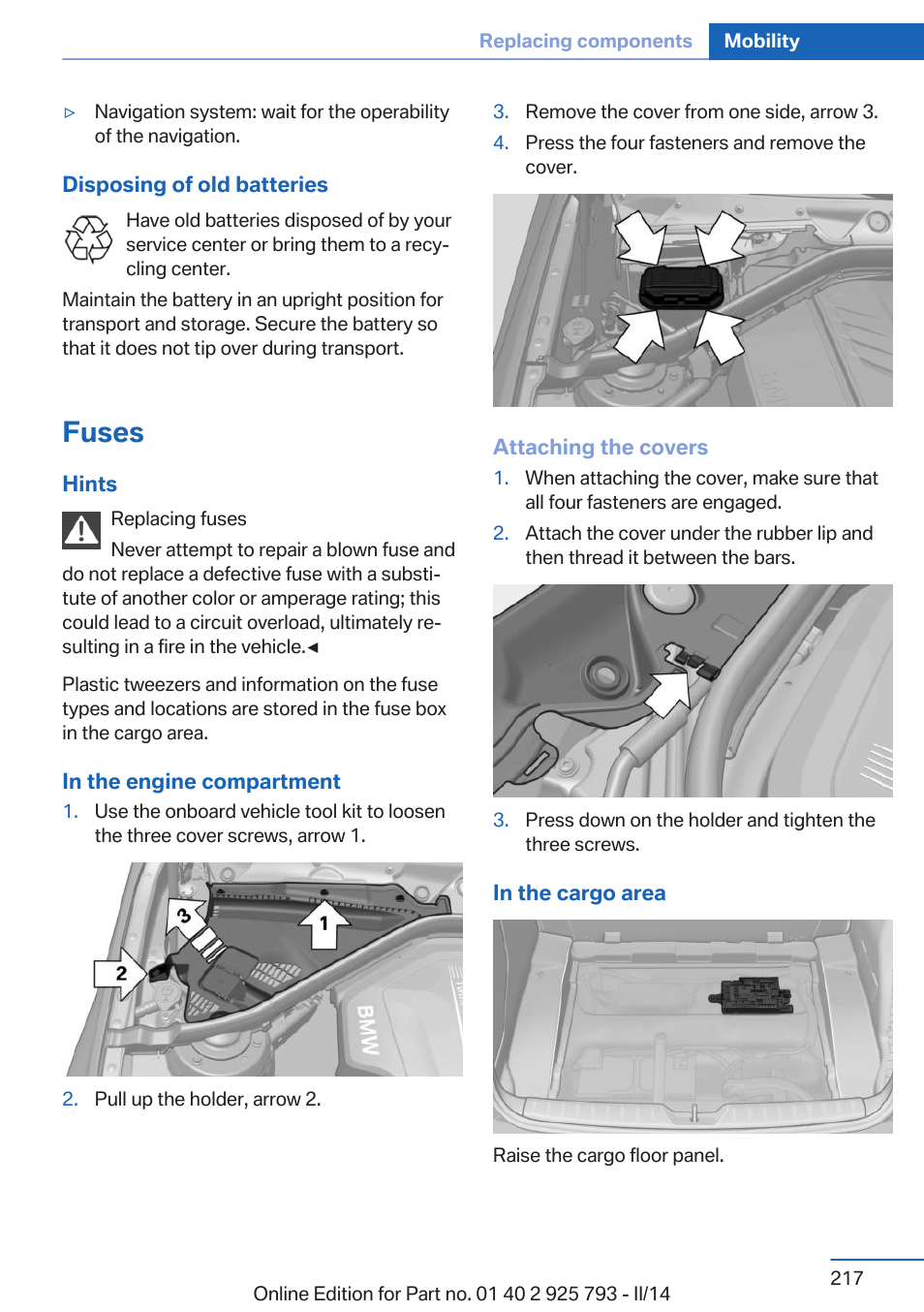 Fuses | BMW 328d xDrive Sports Wagon 2014 User Manual | Page 217 / 244