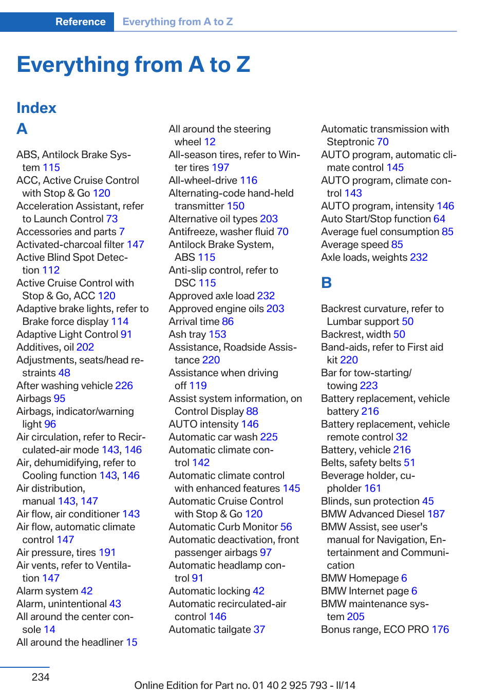 Everything from a to z, Index a | BMW 328d xDrive Sports Wagon 2014 User Manual | Page 234 / 244