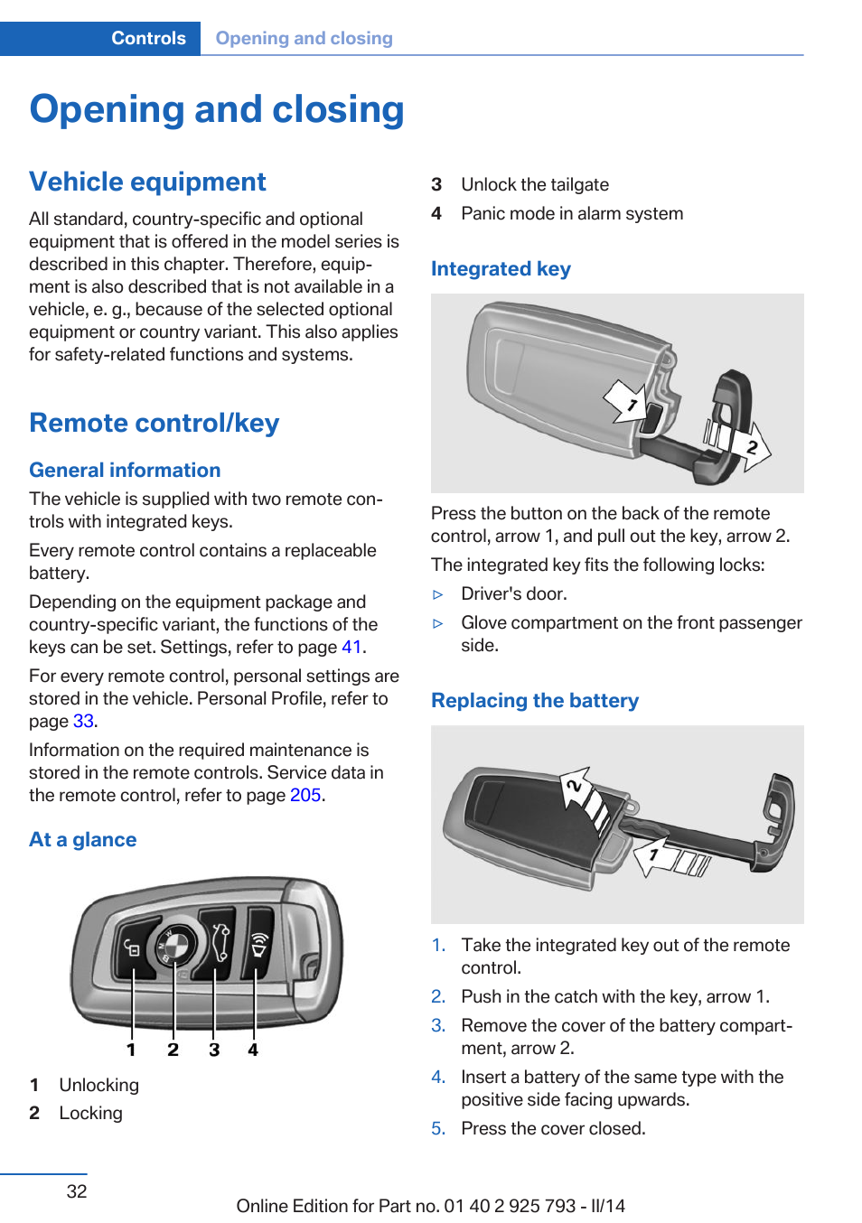Opening and closing, Vehicle equipment, Remote control/key | BMW 328d xDrive Sports Wagon 2014 User Manual | Page 32 / 244