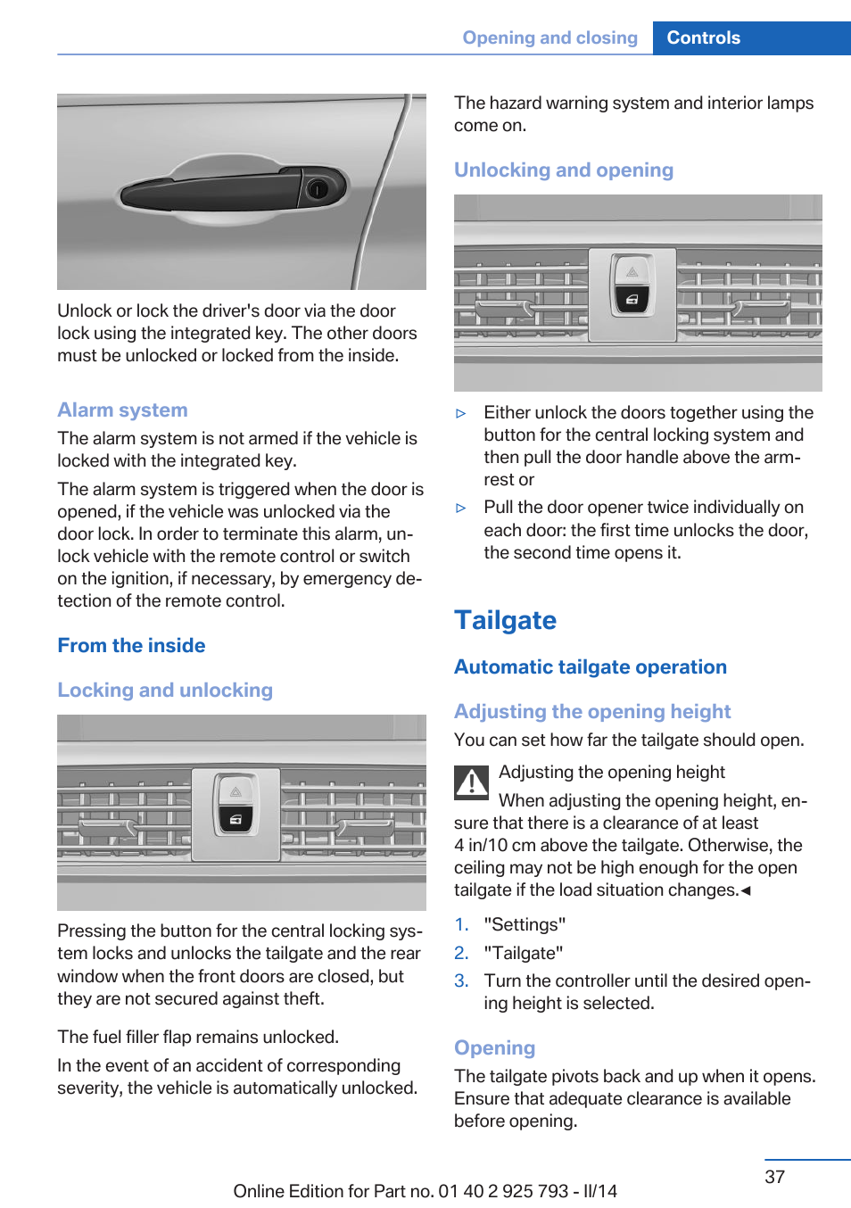Tailgate, Central locking system | BMW 328d xDrive Sports Wagon 2014 User Manual | Page 37 / 244