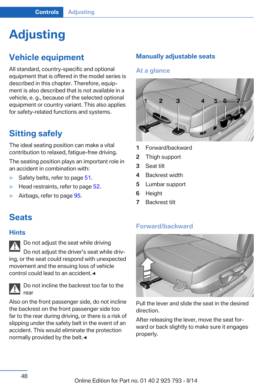 Adjusting, Vehicle equipment, Sitting safely | Seats | BMW 328d xDrive Sports Wagon 2014 User Manual | Page 48 / 244