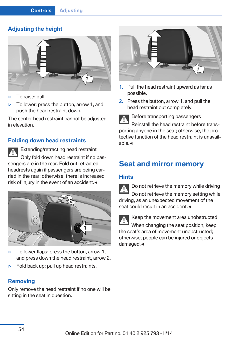 Seat and mirror memory | BMW 328d xDrive Sports Wagon 2014 User Manual | Page 54 / 244