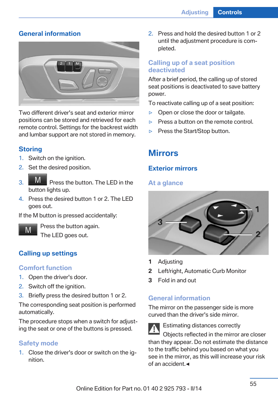 Mirrors, Exterior mirror operation | BMW 328d xDrive Sports Wagon 2014 User Manual | Page 55 / 244