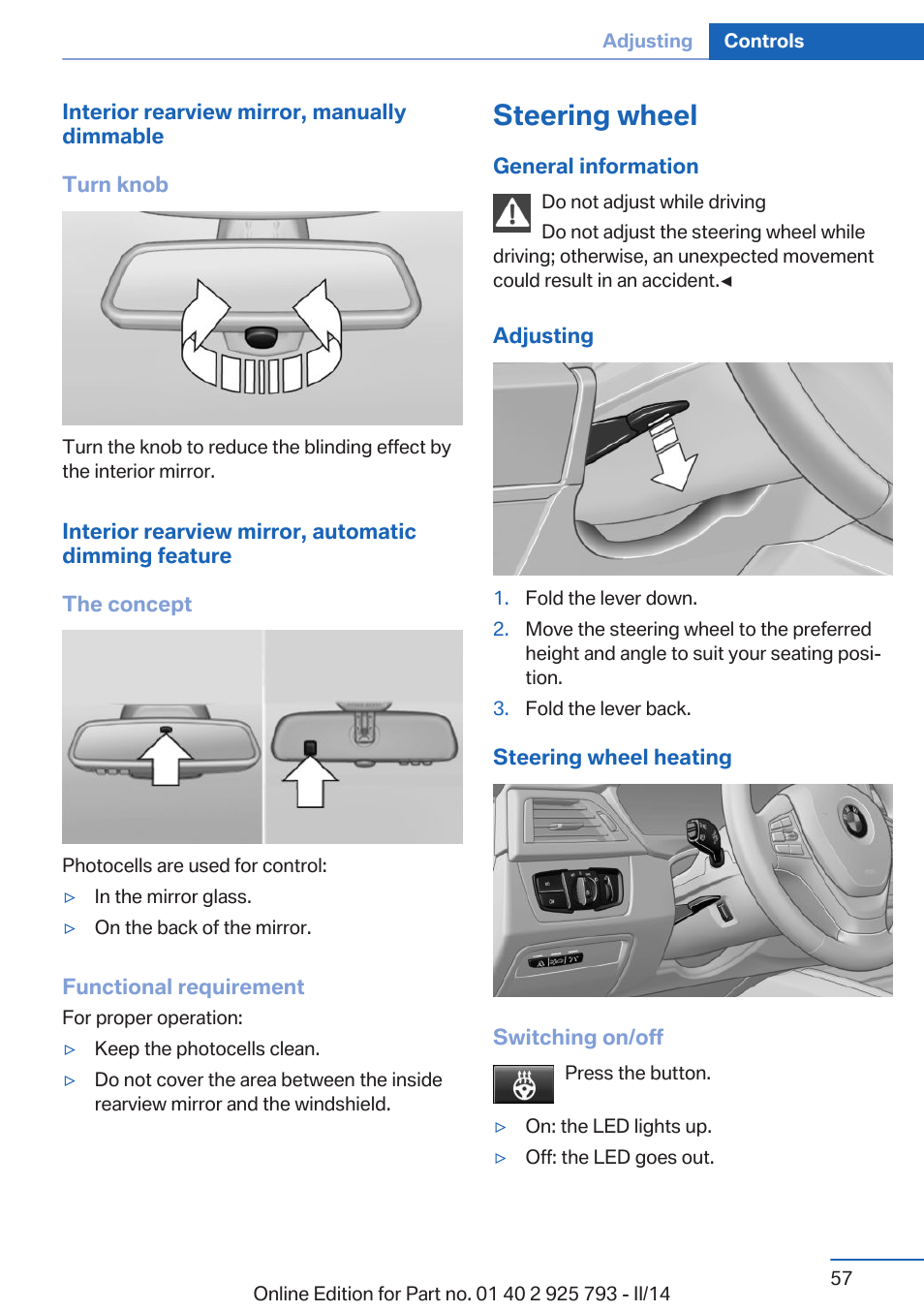 Steering wheel, Steering wheel heating | BMW 328d xDrive Sports Wagon 2014 User Manual | Page 57 / 244