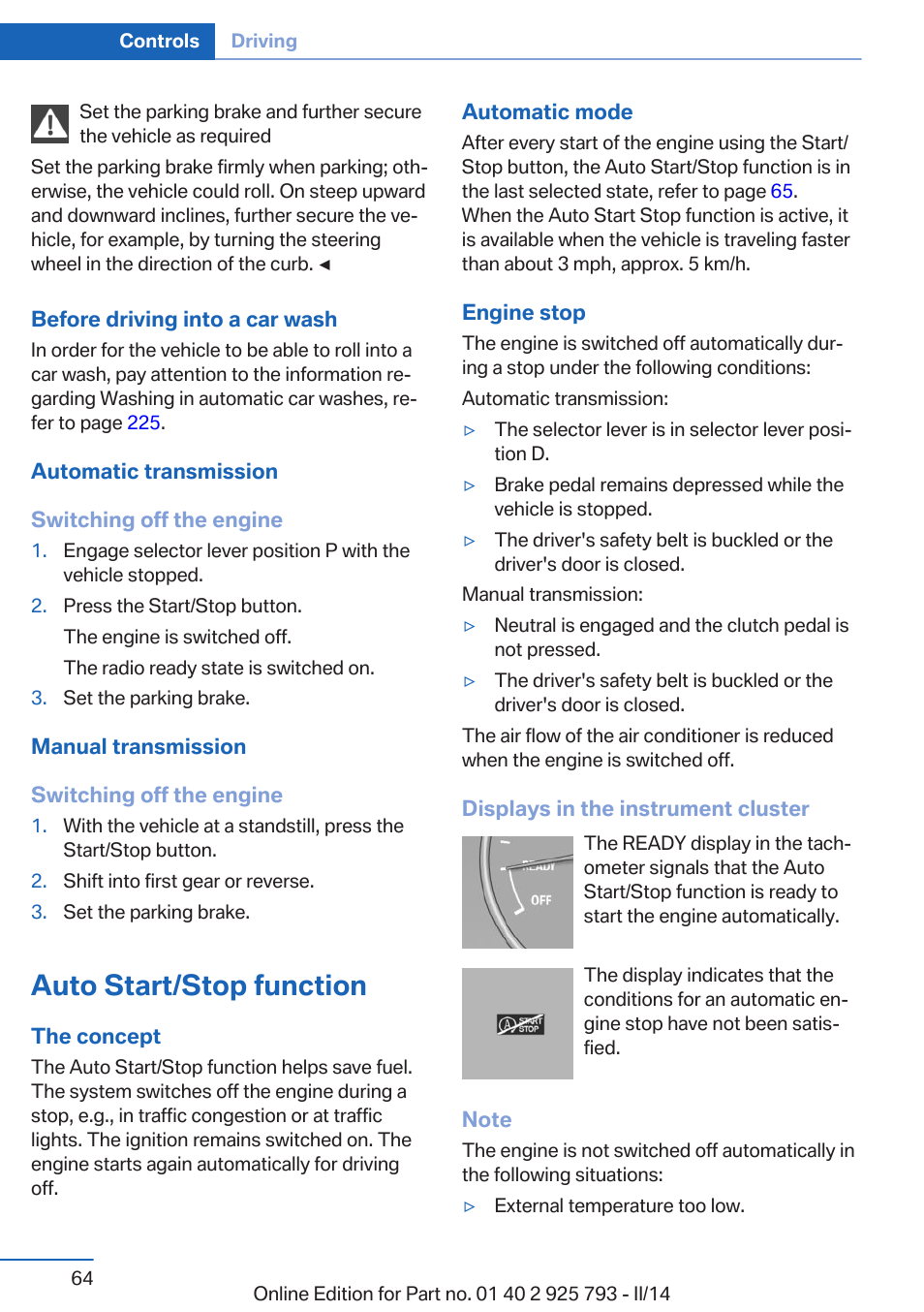 Auto start/stop function | BMW 328d xDrive Sports Wagon 2014 User Manual | Page 64 / 244