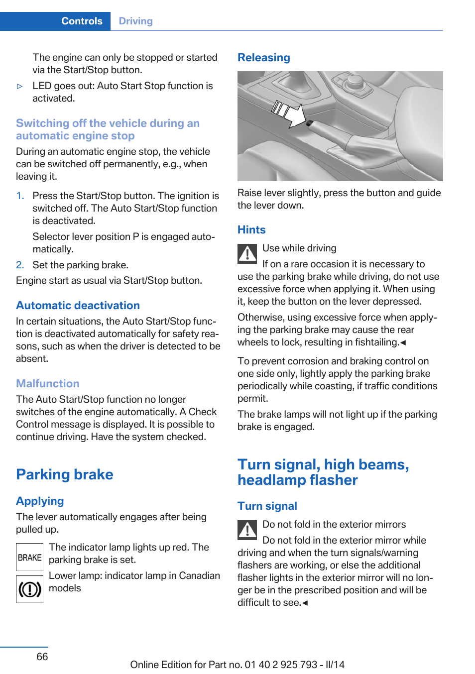 Parking brake, Turn signal, high beams, headlamp flasher, Lamp flasher | BMW 328d xDrive Sports Wagon 2014 User Manual | Page 66 / 244