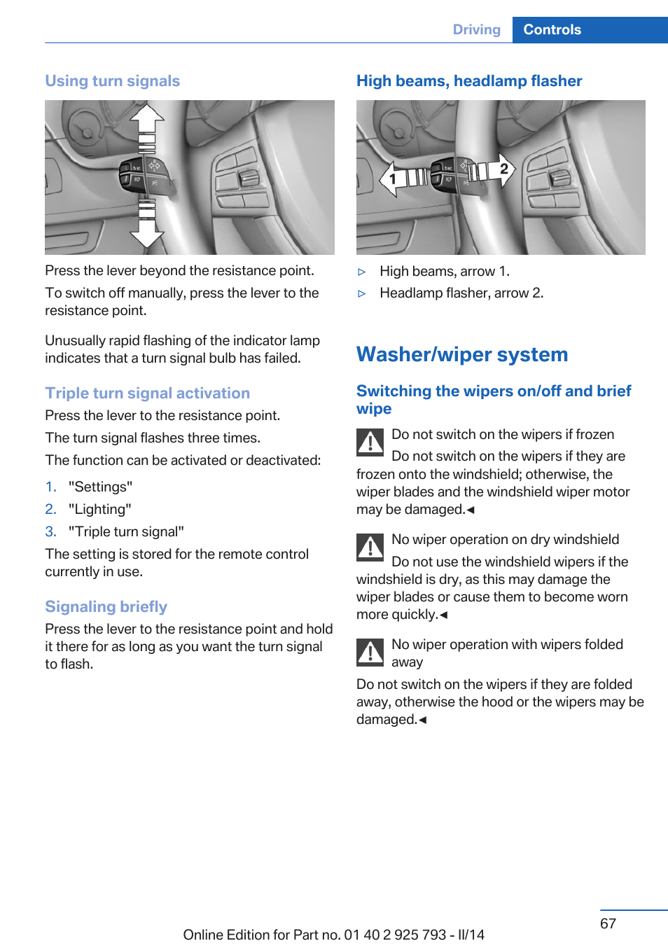 Washer/wiper system | BMW 328d xDrive Sports Wagon 2014 User Manual | Page 67 / 244