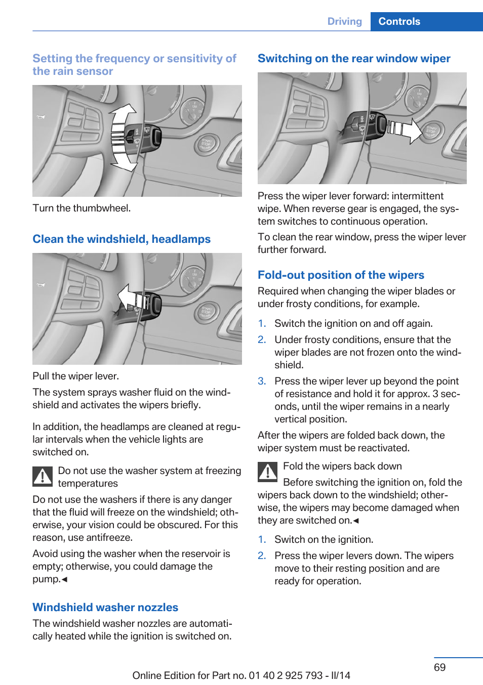 Lamps, Rear window wiper | BMW 328d xDrive Sports Wagon 2014 User Manual | Page 69 / 244