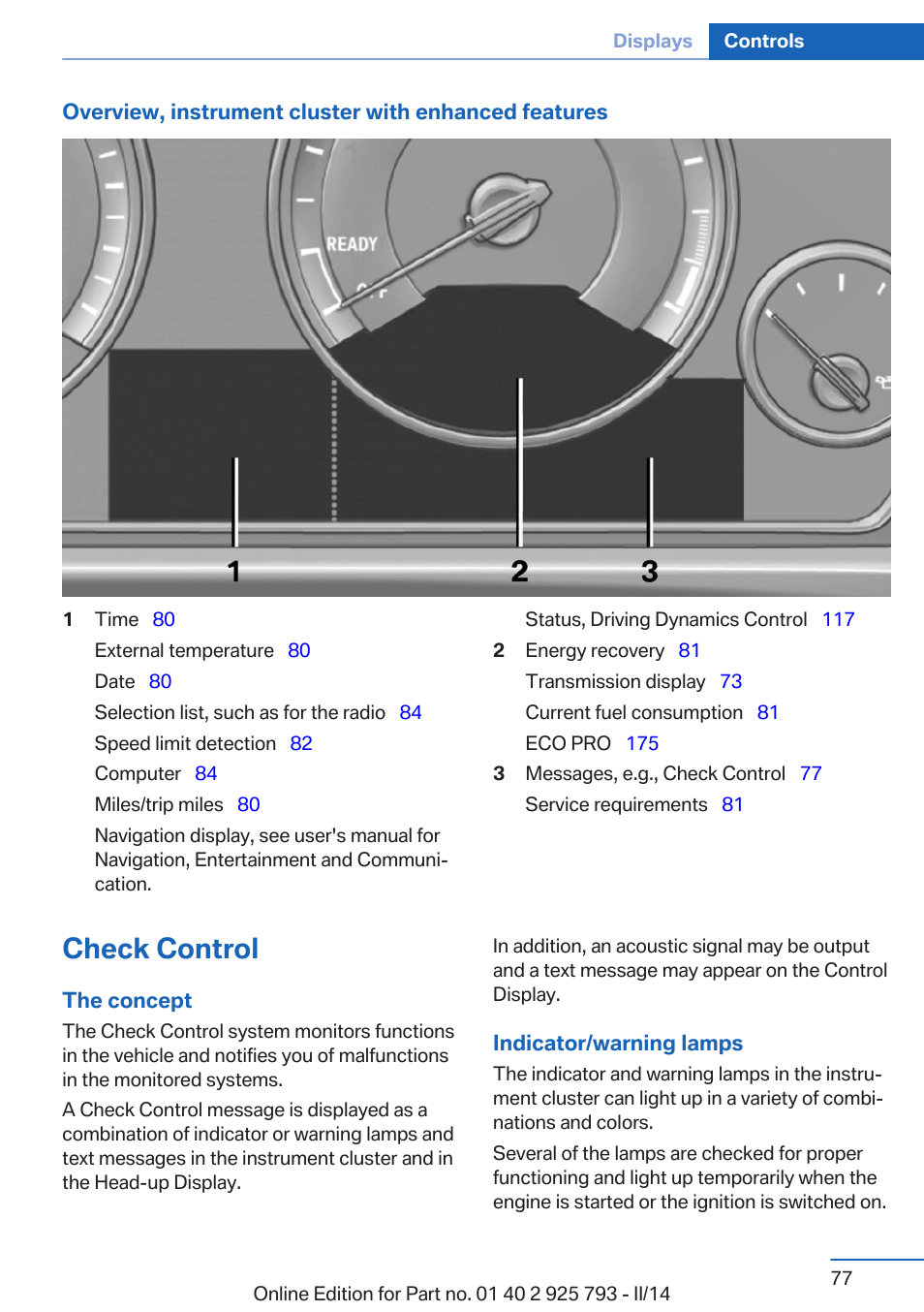 Check control, Indicator/warning lamps | BMW 328d xDrive Sports Wagon 2014 User Manual | Page 77 / 244