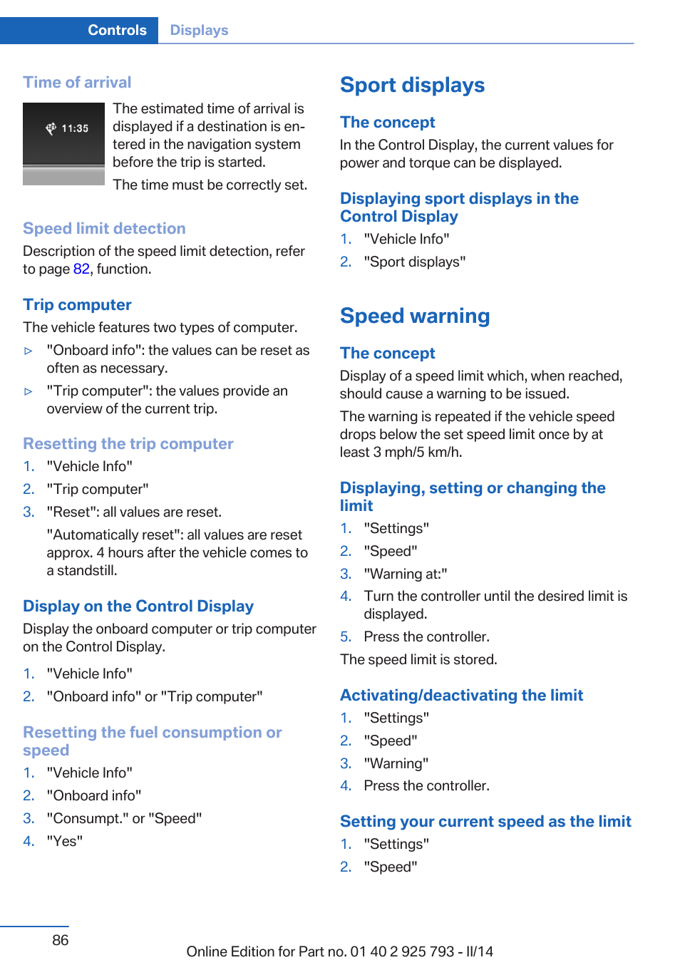 Sport displays, Speed warning | BMW 328d xDrive Sports Wagon 2014 User Manual | Page 86 / 244