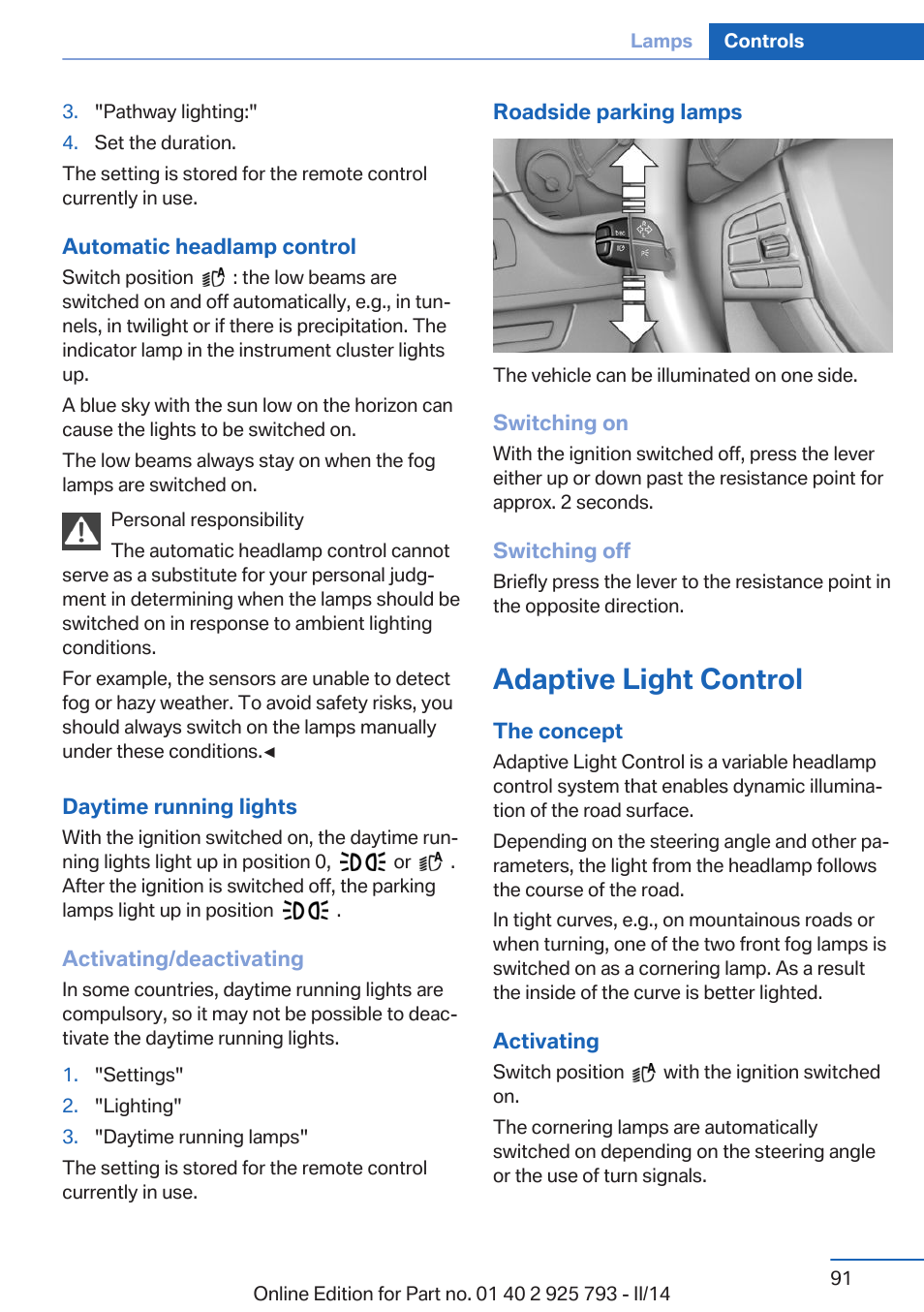 Adaptive light control | BMW 328d xDrive Sports Wagon 2014 User Manual | Page 91 / 244