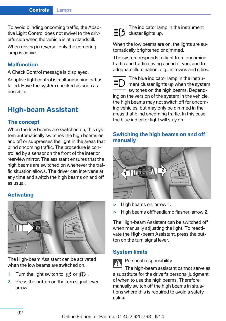 High-beam assistant | BMW 328d xDrive Sports Wagon 2014 User Manual | Page 92 / 244