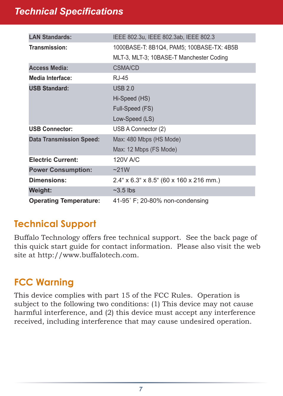 Technical support, Fcc warning, Technical specifications | Buffalo Technology LinkStation Pro User Manual | Page 7 / 8