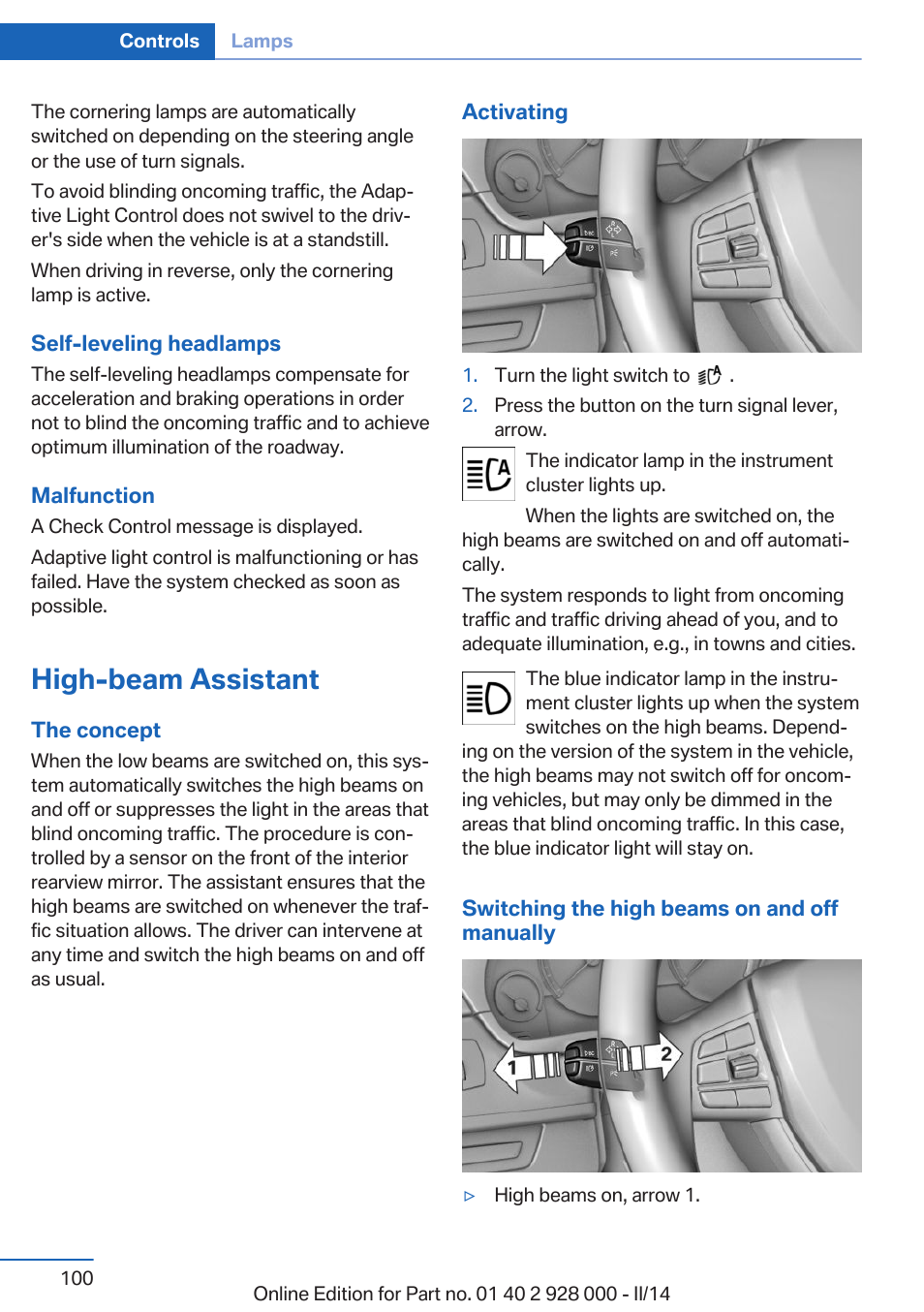 High-beam assistant | BMW 550i xDrive Sedan 2014 User Manual | Page 100 / 267