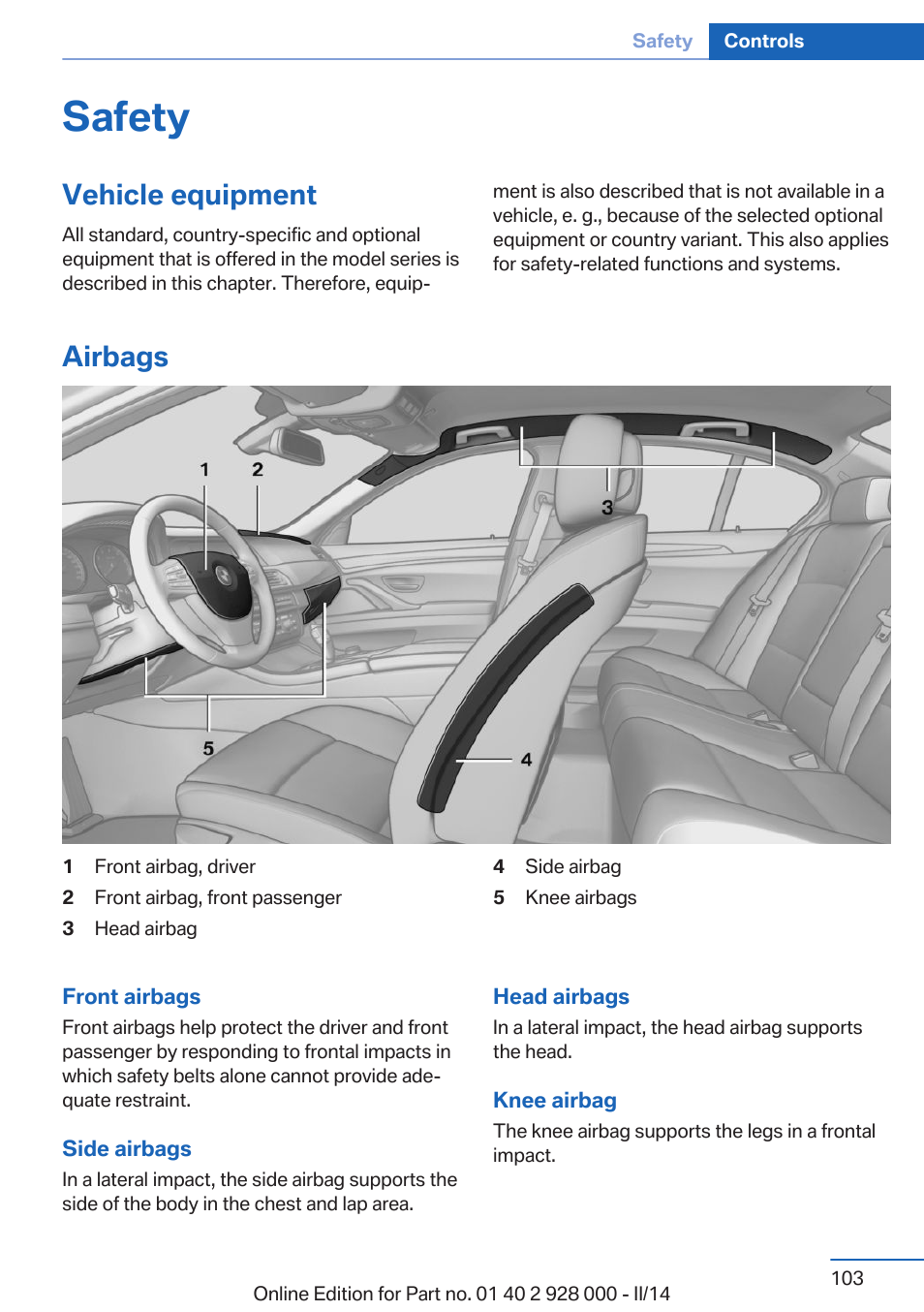 Safety, Vehicle equipment, Airbags | BMW 550i xDrive Sedan 2014 User Manual | Page 103 / 267