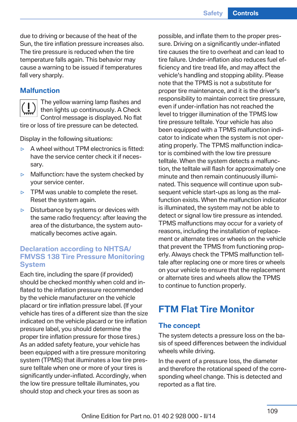 Ftm flat tire monitor | BMW 550i xDrive Sedan 2014 User Manual | Page 109 / 267