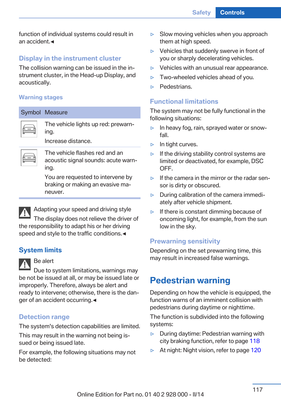 Pedestrian warning | BMW 550i xDrive Sedan 2014 User Manual | Page 117 / 267